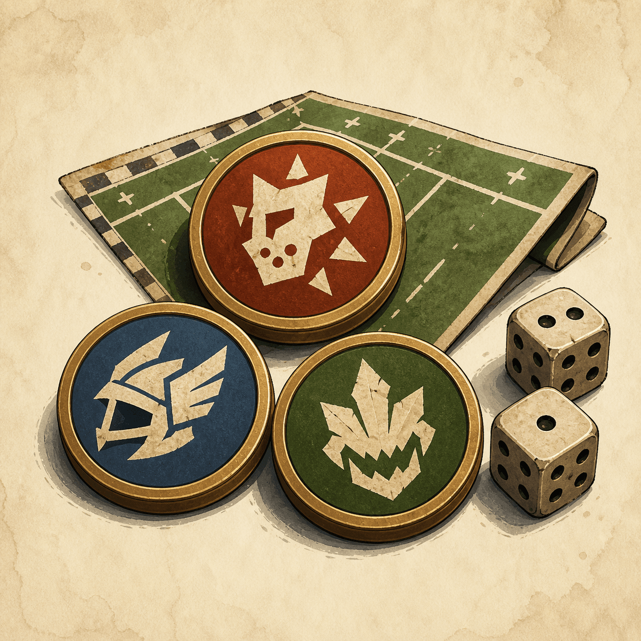 Blood Bowl style tabletop scene with team tokens and match reporting materials